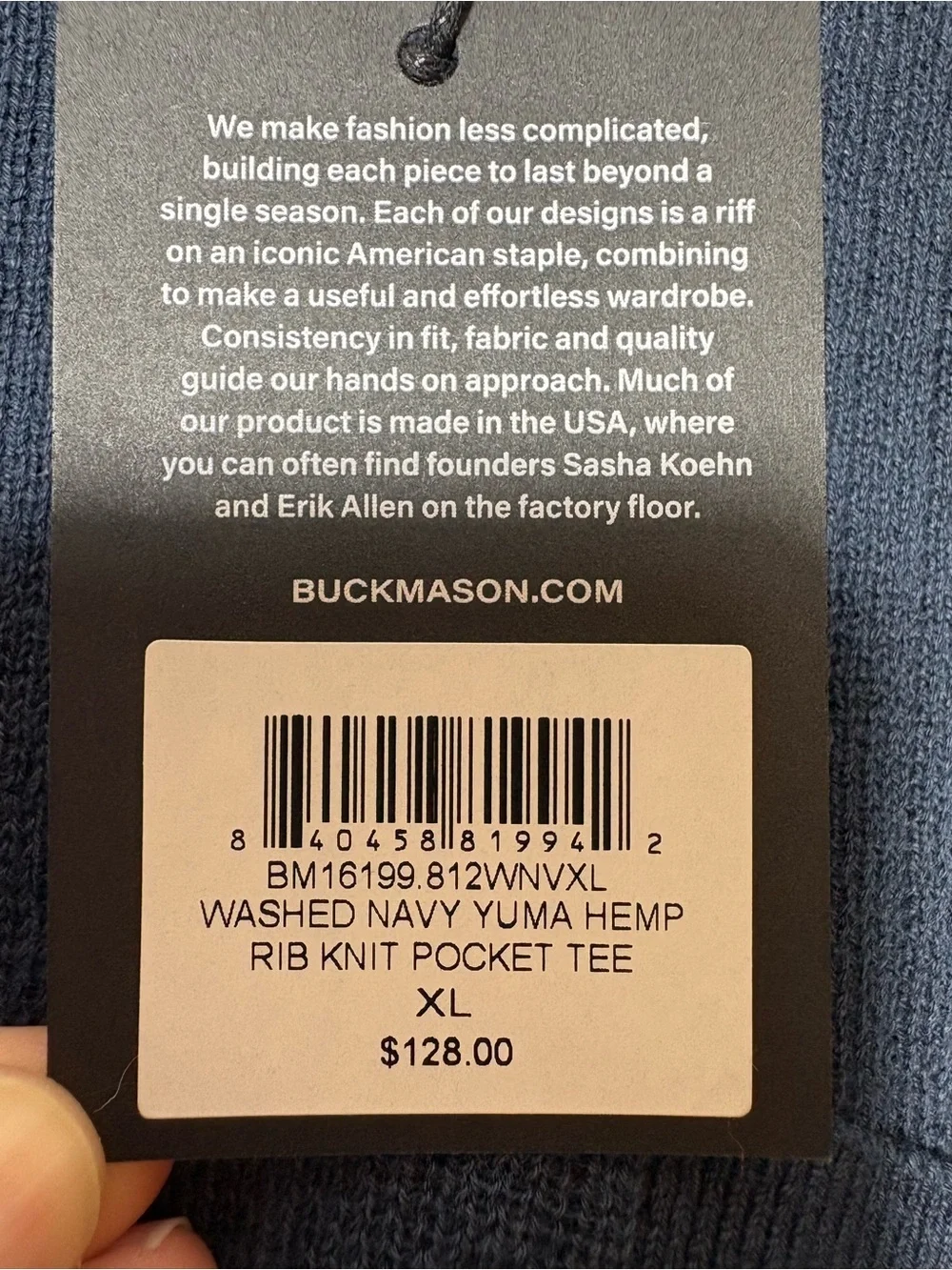 Buck Mason Yuma Hemp Ribbed Knit Pocket Tee Washed Navy Mens XL $128 Retail